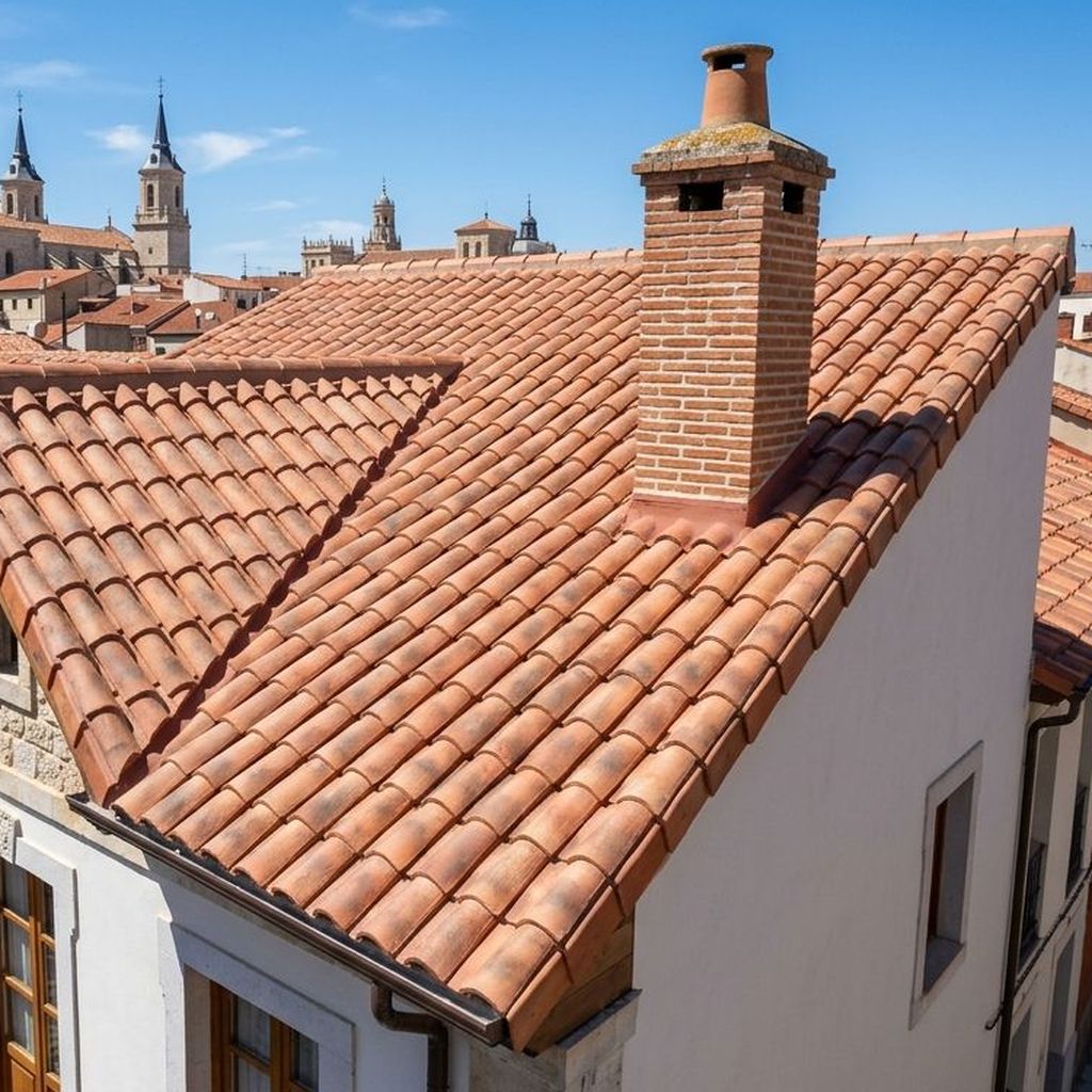 Cubierta de teja de Valladolid impermeabilizada con remates en chimenea y canalón